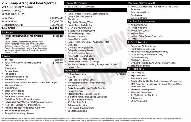 2025 41 Jeep Wrangler Sport S 4X4 SUV