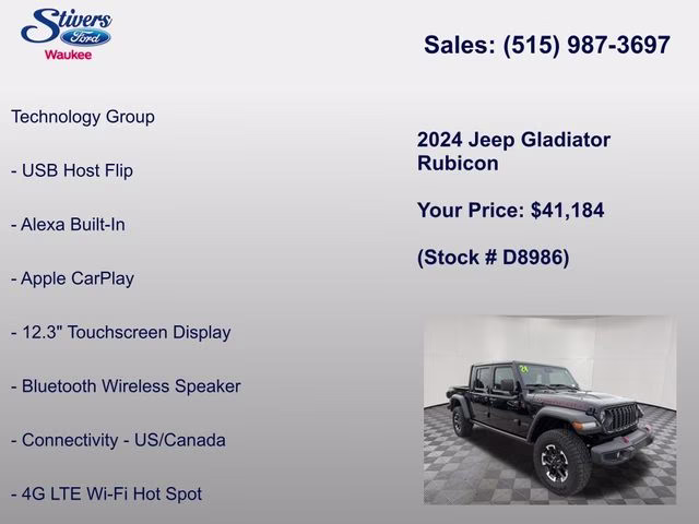 2024 Black Clearcoat Jeep Gladiator Rubicon 4X4 Truck