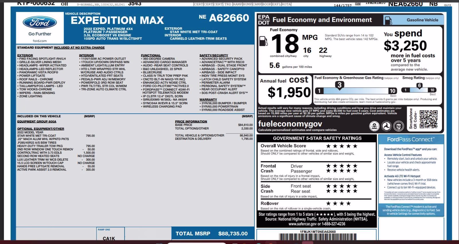 2022 Star White Metallic Tri-Coat Ford Expedition Max Platinum 4X4 SUV