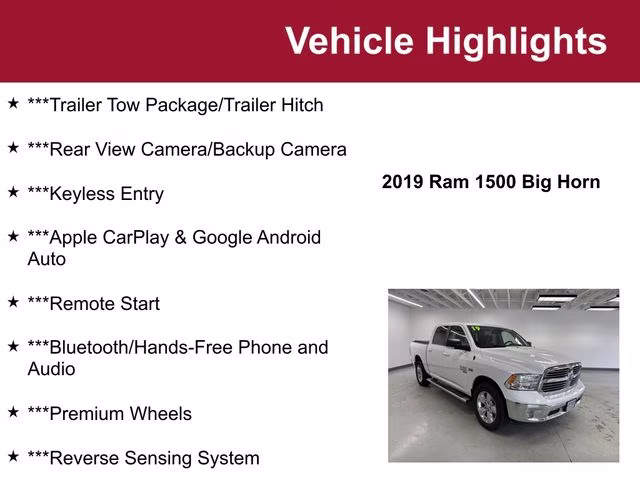 2019 Bright White Clearcoat Ram 1500 Big Horn 4X4 Truck