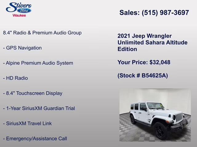 2021 Bright White Clearcoat Jeep Wrangler Unlimited Sahara Altitude 4X4 SUV