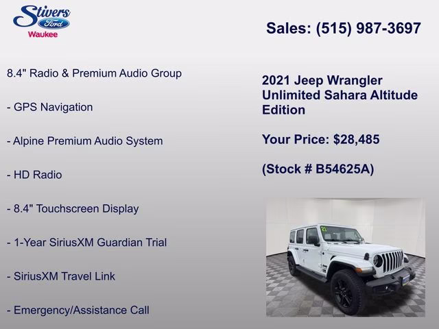2021 Bright White Clearcoat Jeep Wrangler Unlimited Sahara Altitude 4X4 SUV