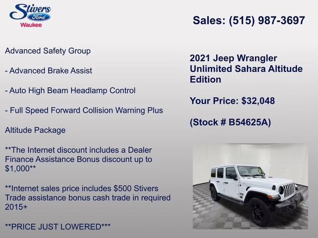 2021 Bright White Clearcoat Jeep Wrangler Unlimited Sahara Altitude 4X4 SUV