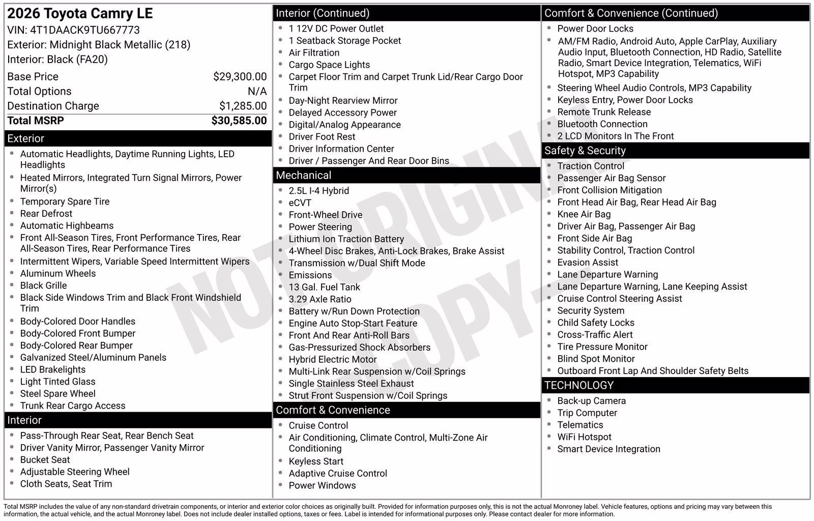 2026 Midnight Black Metallic Toyota Camry LE FWD Sedan