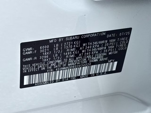 2025 Crystal White Pearl Subaru Ascent Premium AWD SUV