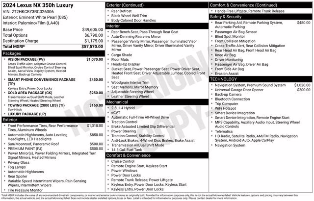2024 White Pearl Lexus NX 350h Luxury AWD SUV