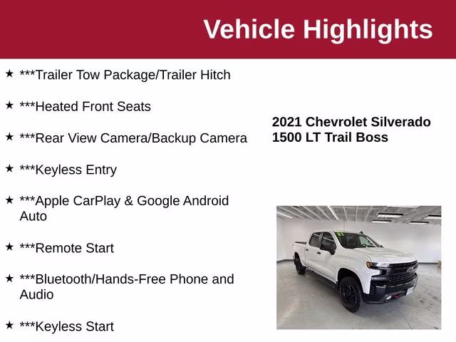 2021 Summit White Chevrolet Silverado 1500 LT Trail Boss 4X4 Truck