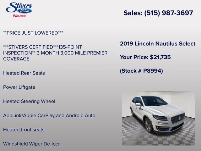 2019 White Platinum Clearcoat Metallic Lincoln Nautilus Select AWD SUV