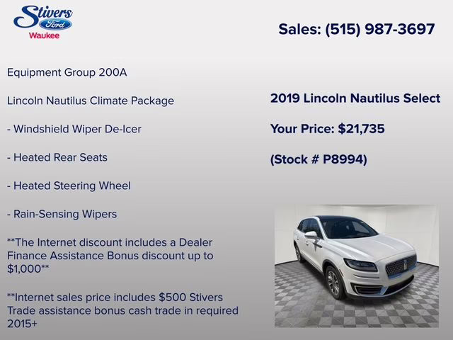 2019 White Platinum Clearcoat Metallic Lincoln Nautilus Select AWD SUV