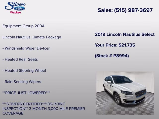 2019 White Platinum Clearcoat Metallic Lincoln Nautilus Select AWD SUV