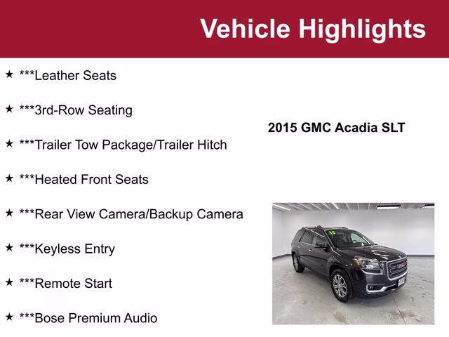 Used 2015 GMC Acadia SLT1 with VIN 1GKKVRKD7FJ162830 for sale in Waite Park, Minnesota