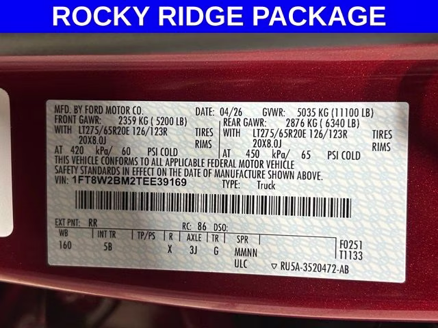 2026 Ruby Red Metallic Tinted Clearcoat Ford Super Duty F-250 SRW Lariat ROCKY RIDGE 4X4 Truck
