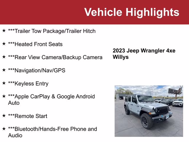 Used 2023 Jeep Wrangler 4xe Willys 4XE with VIN 1C4JJXN67PW623386 for sale in Waite Park, Minnesota