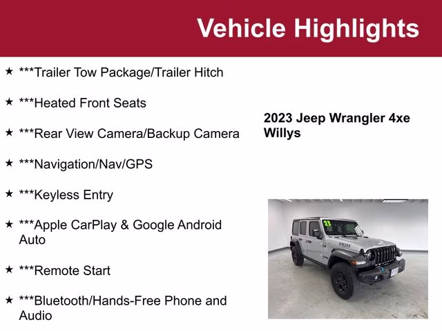 Used 2023 Jeep Wrangler 4xe Willys 4XE with VIN 1C4JJXN67PW623386 for sale in Waite Park, Minnesota