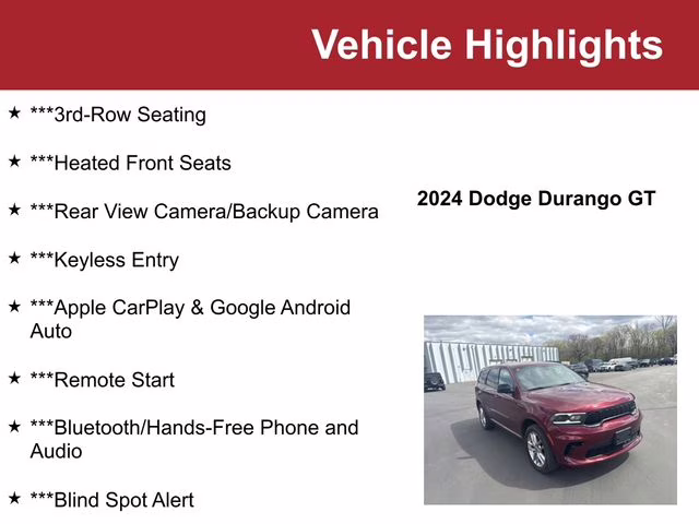Used 2024 Dodge Durango GT with VIN 1C4RDJDG8RC146781 for sale in Waite Park, Minnesota