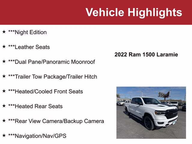 Used 2022 RAM Ram 1500 Pickup Laramie with VIN 1C6SRFRT5NN259938 for sale in Waite Park, Minnesota