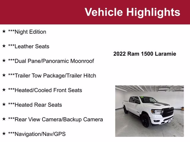 Used 2022 RAM Ram 1500 Pickup Laramie with VIN 1C6SRFRT5NN259938 for sale in Waite Park, Minnesota