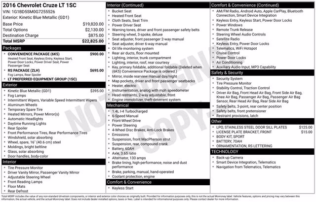 2016 Kinetic Blue Metallic Chevrolet Cruze LT FWD Sedan