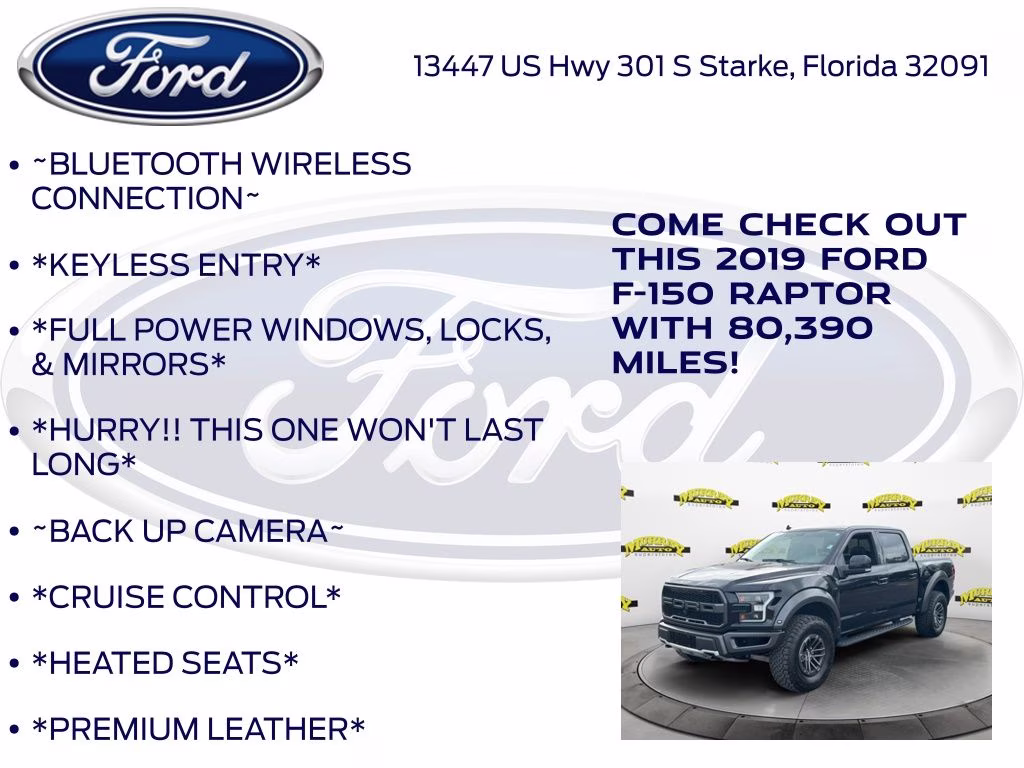2019 Black Metallic Ford F-150 Raptor 4X4 Truck