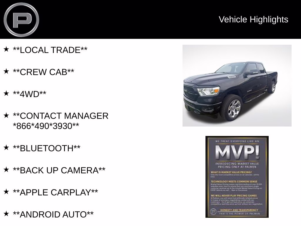 2019 Diamond Black Crystal Pearlcoat Ram 1500 Big Horn/Lone Star 4X4 Truck