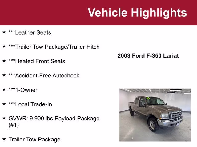Used 2003 Ford F-350 Super Duty Lariat with VIN 1FTSW31F63EB00140 for sale in Waite Park, Minnesota
