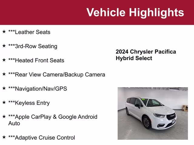 Used 2024 Chrysler Pacifica PHEV Select with VIN 2C4RC1S77RR114885 for sale in Waite Park, Minnesota
