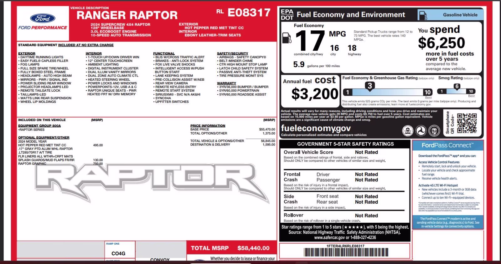 2024 Hot Pepper Red Metallic Tinted Clearcoat Ford Ranger Raptor 4X4 Truck