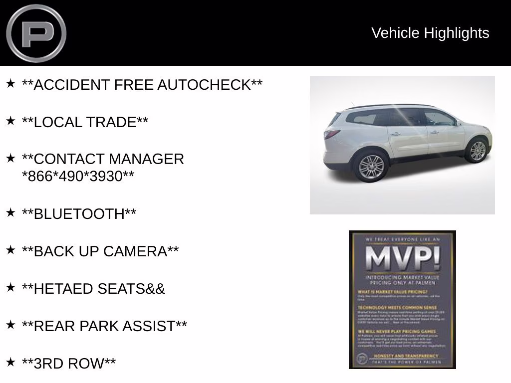 2015 White Diamond Clearcoat Chevrolet Traverse LT FWD SUV