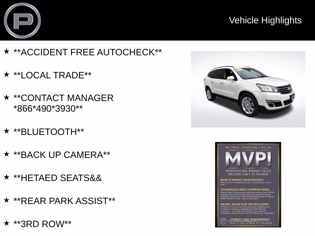 2015 White Diamond Clearcoat Chevrolet Traverse LT FWD SUV