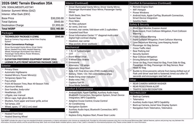 2026 Summit White GMC Terrain Elevation FWD SUV