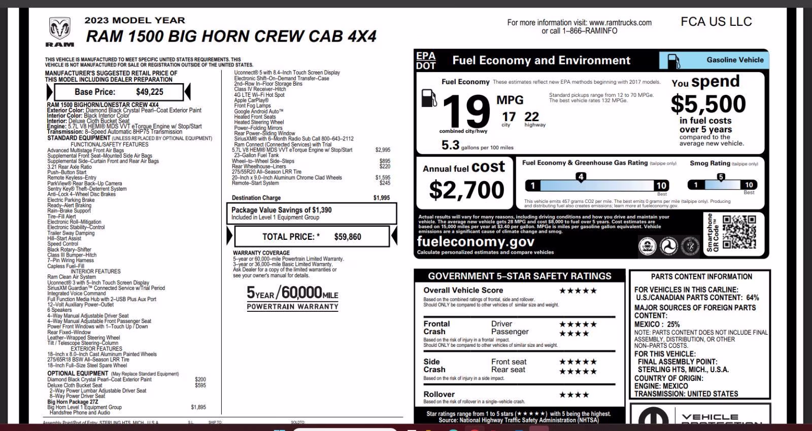 2023 Diamond Black Crystal Pearlcoat Ram 1500 Big Horn 4X4 Truck