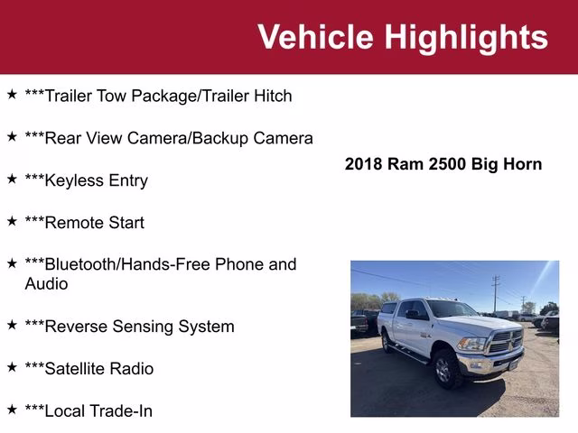 2018 Bright White Clearcoat Ram 2500 Big Horn 4X4 Truck