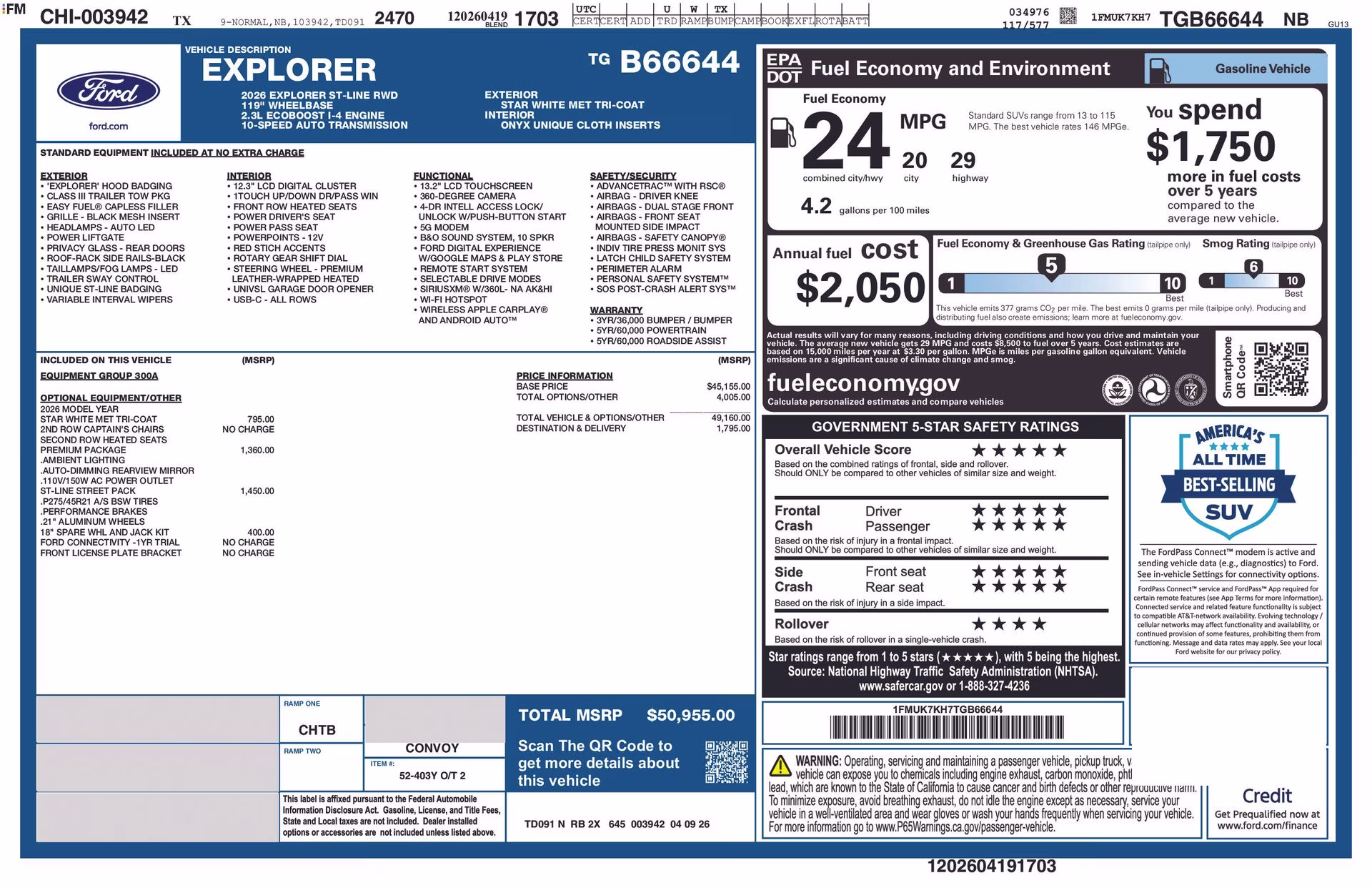 2026 Star White Metallic Tri-Coat Ford Explorer ST-Line RWD SUV