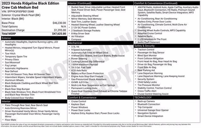 2023 Crystal Black Pearl Honda Ridgeline Black Edition AWD Truck