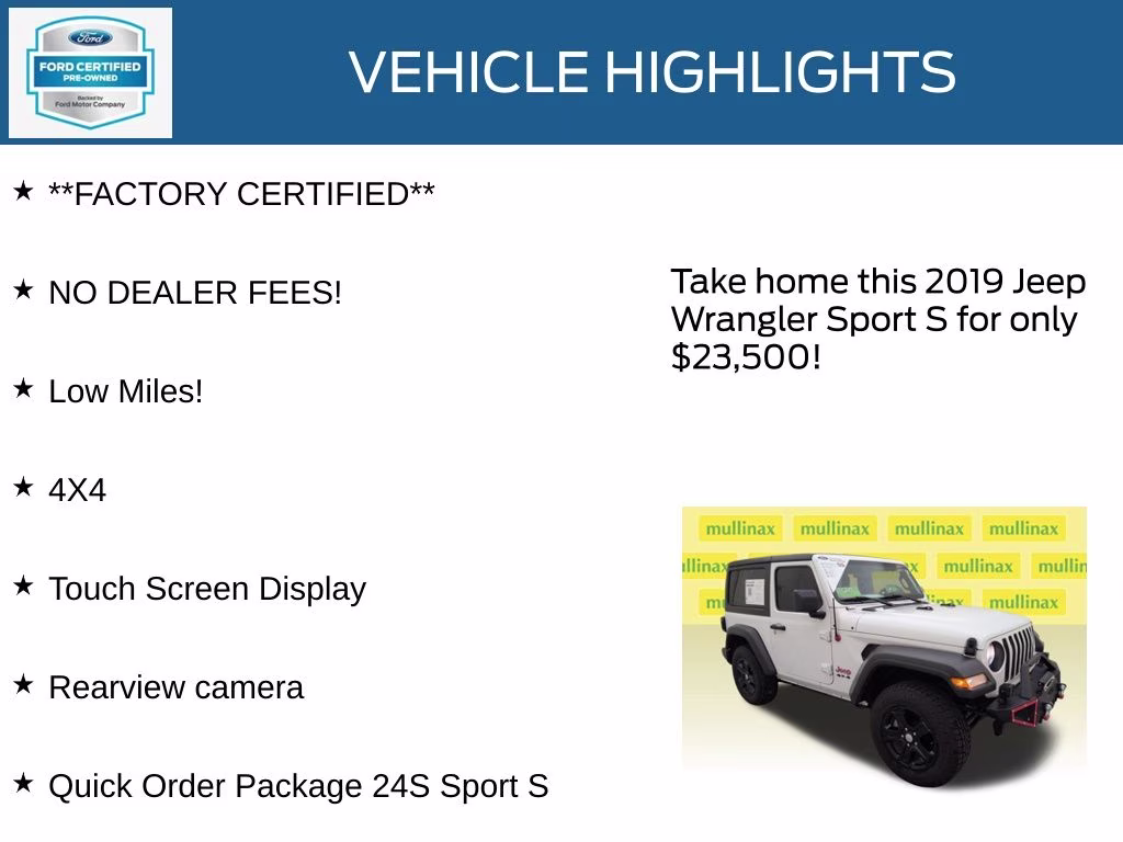 2019 Bright White Clearcoat Jeep Wrangler Sport S 4X4 SUV