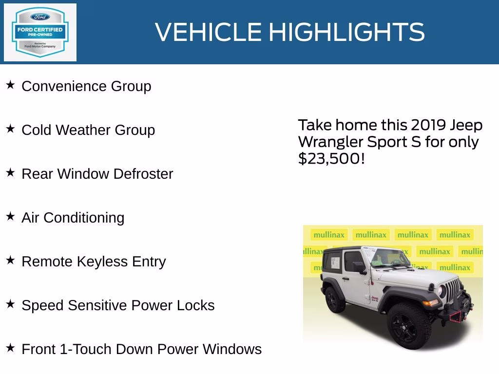 2019 Bright White Clearcoat Jeep Wrangler Sport S 4X4 SUV