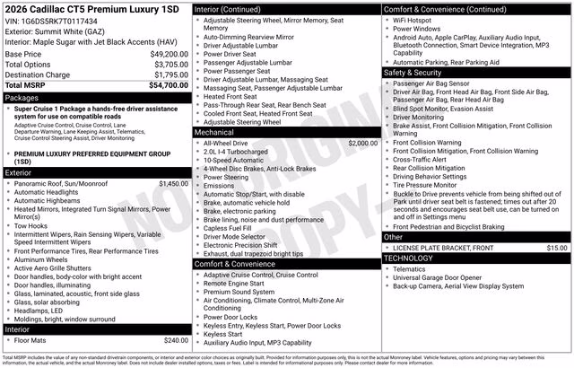 2026 Summit White Cadillac CT5 Premium Luxury RWD Sedan