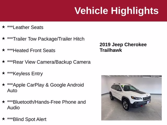 2019 Bright White Clearcoat Jeep Cherokee Trailhawk 4X4 SUV