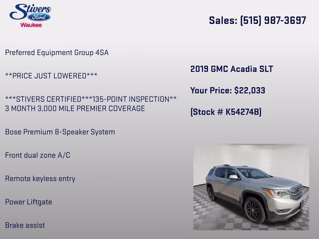 2019 Quicksilver Metallic GMC Acadia SLT-1 AWD SUV