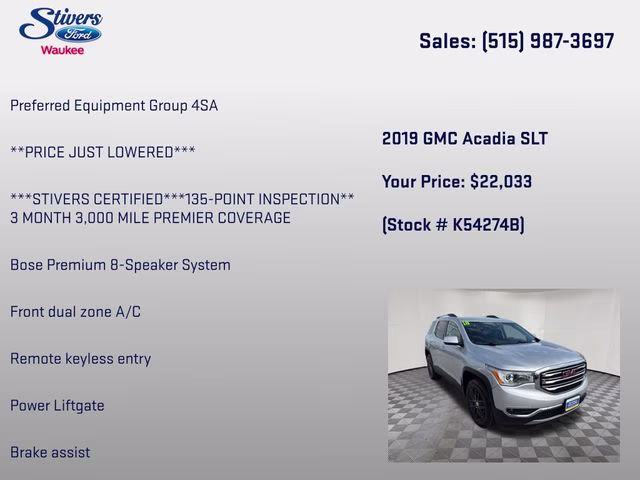2019 Quicksilver Metallic GMC Acadia SLT-1 AWD SUV