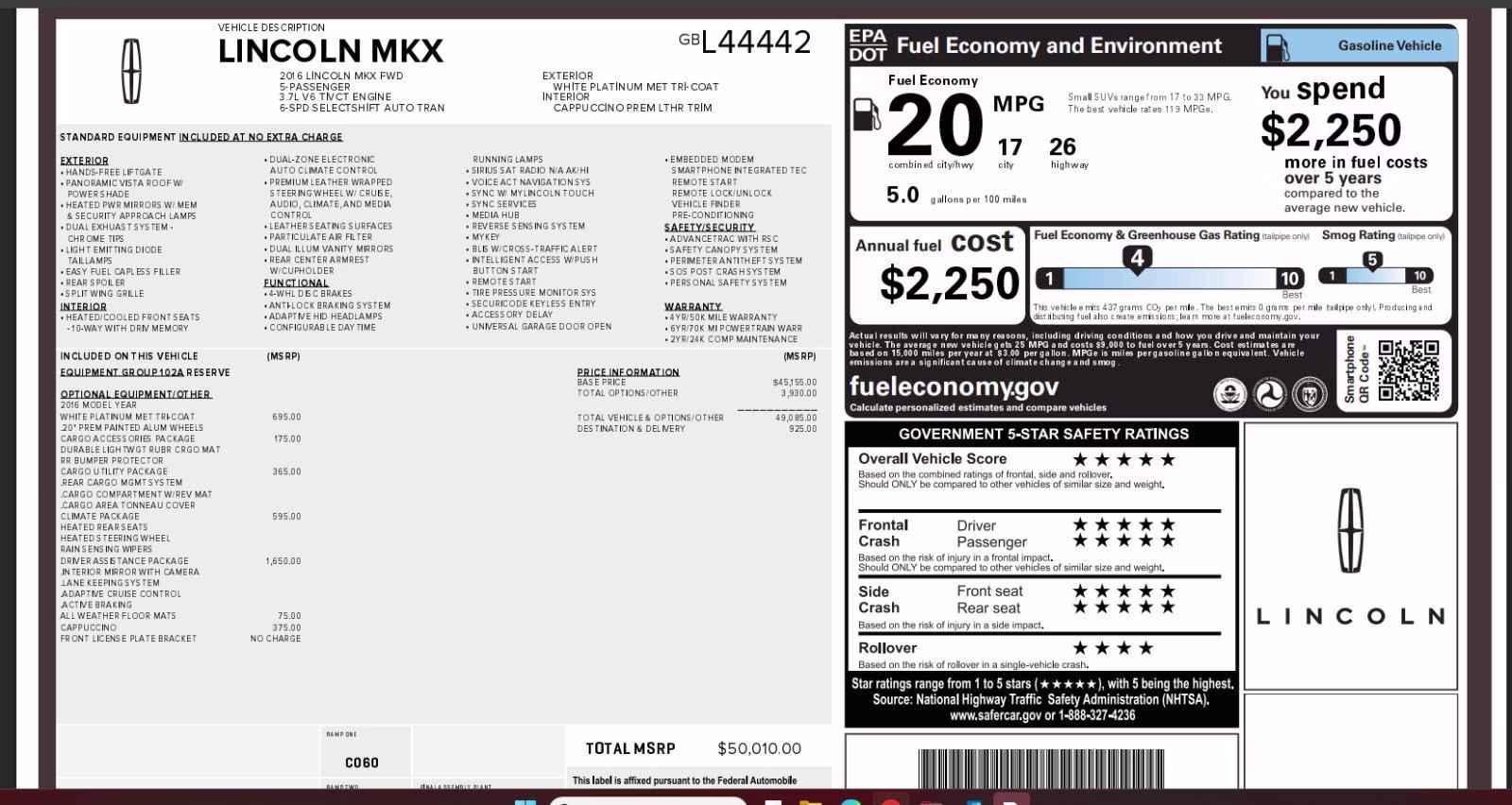 2016 White Platinum Metallic Tri-Coat Lincoln MKX Reserve FWD SUV