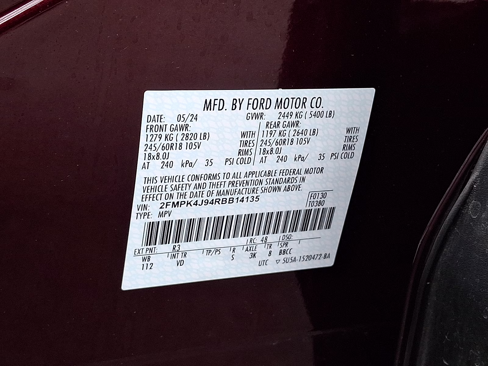 2024 Burgundy Velvet Metallic Tinted Clearcoat - R3 Ford Edge SEL AWD