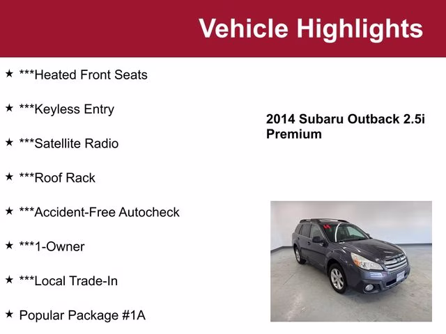 Used 2014 Subaru Outback 2.5i Premium with VIN 4S4BRCCC5E3242693 for sale in Waite Park, Minnesota