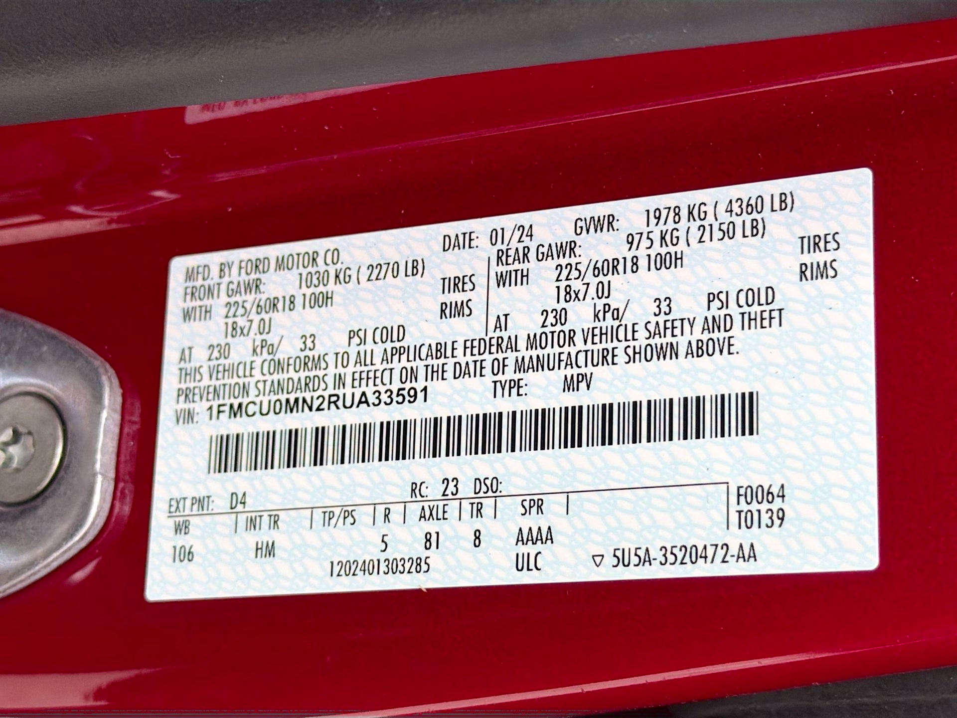 2024 Rapid Red Metallic Tinted Clearcoat Ford Escape ST-Line FWD SUV