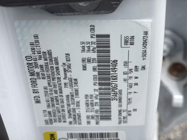 2019 Oxford White Ford Fusion S FWD Sedan