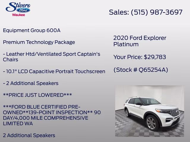 2020 White Metallic Ford Explorer Platinum 4X4 SUV
