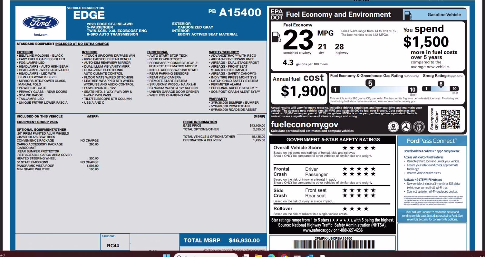 2023 Carbonized Gray Metallic Ford Edge ST-Line AWD SUV