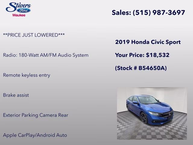 2019 Blue Honda Civic Sport FWD Sedan