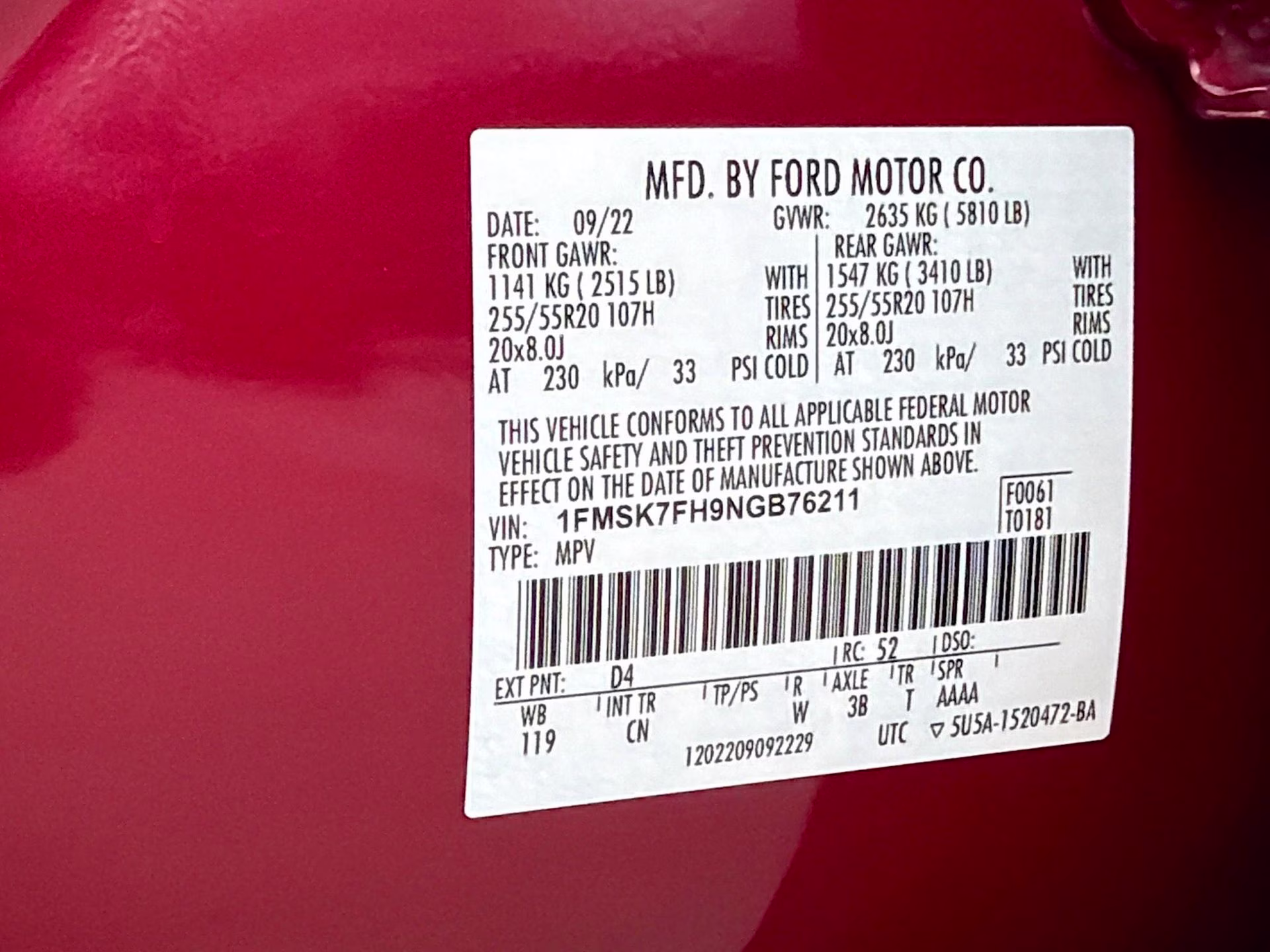 2022 Rapid Red Metallic Tinted Clearcoat Ford Explorer Limited RWD SUV