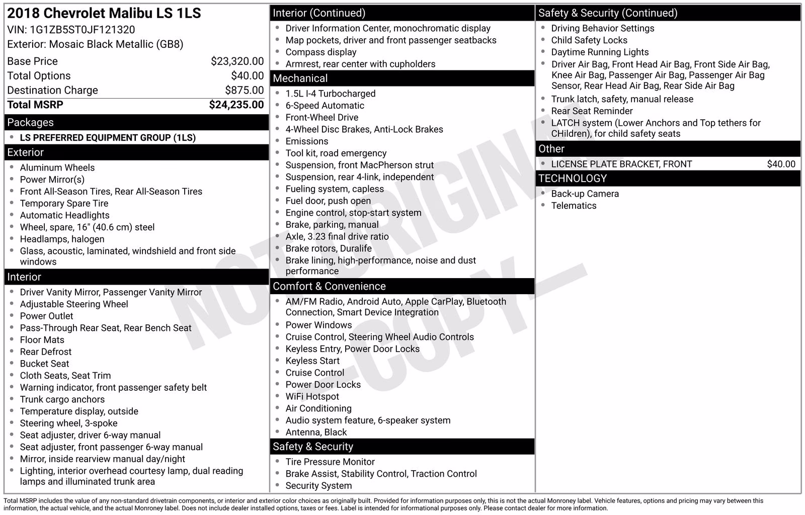 2018 Black Metallic Chevrolet Malibu LS FWD Sedan